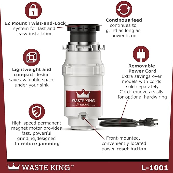 Waste King Garbage Disposal for Kitchen Sink with Power Cord, L-1001