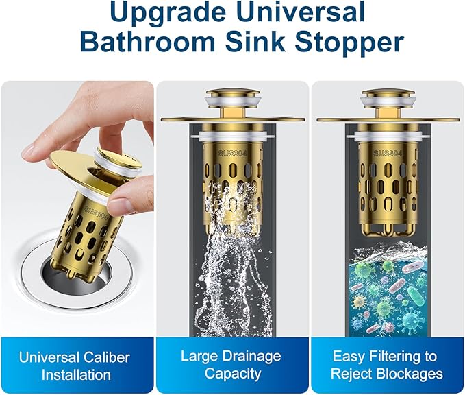 Bathroom Sink Stopper,All Metal Pop-Up Sink Drain Strainer with Removable Stainless Steel Filter Basket, Universal Bathroom Hair Catcher Fit for 1.1-2.36'' Drain (Gold, 2 Pack)