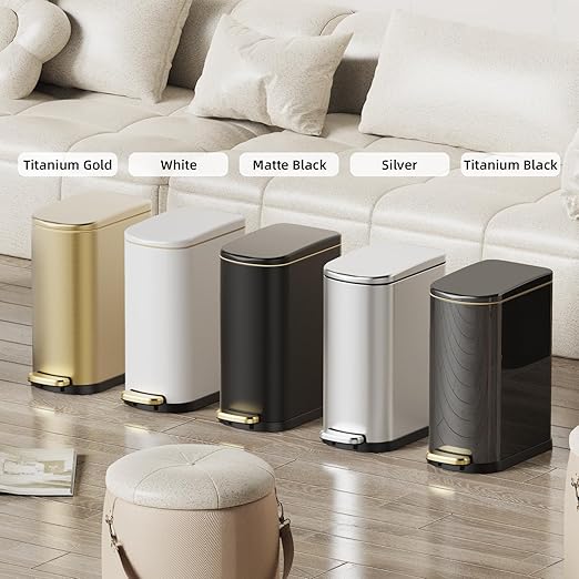 2.6 Gal Bathroom Trash Can with Soft Close Stay Open Lid, Small Rectangular 10L Stainless Steel Waste bin for Narrow Space, Waterproof, Odor Protection, Gold