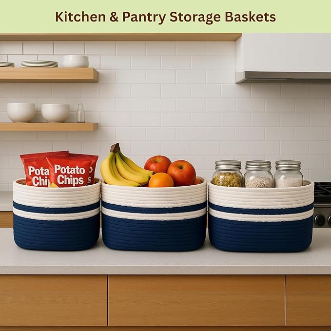 Cotton Rope Baskets for Organizing and Storage, Woven Decorative Baskets for Shelves, Books, Closets. Storage Bins for Living Room, Bedroom | Pack of 3 | Blue