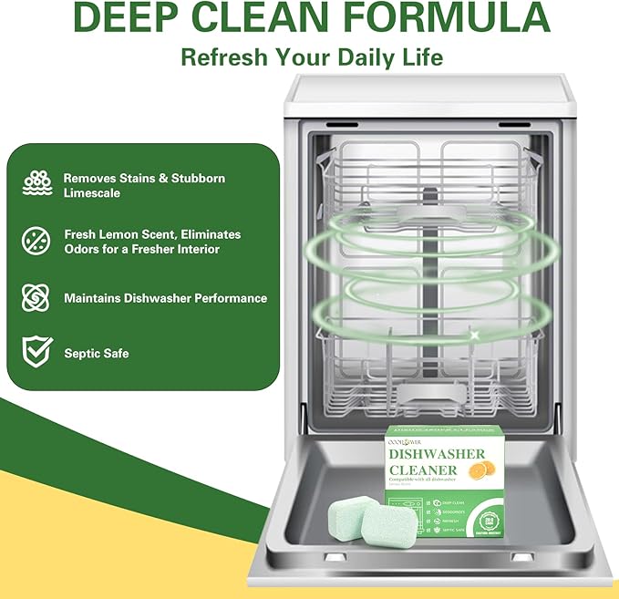 6-pack Dishwasher Cleaner and Deodorizer Tablet for Deep Cleaning all Machine Models,with Sink Drain Filter Basket, Removing Limescale, Odor, Hard Water Residue (Lemon-Scented)