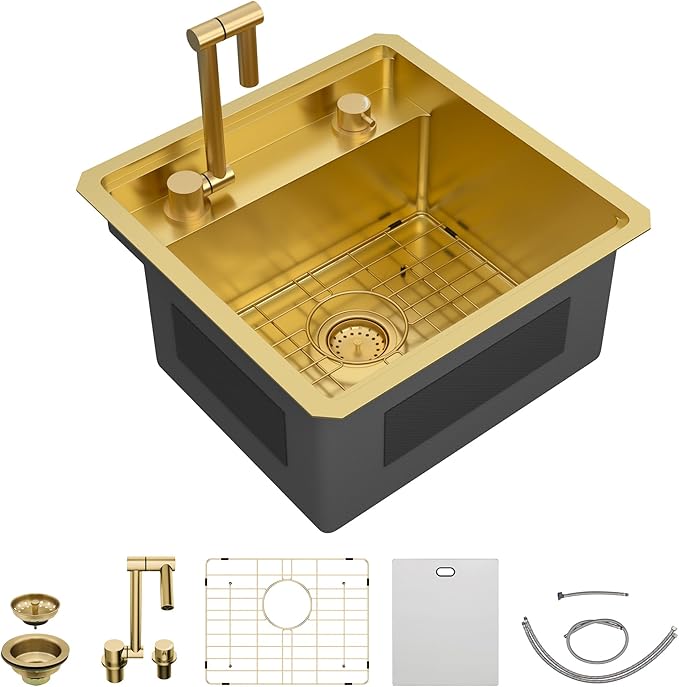 18"x18" Undermount RV Kitchen Sink – 16 Gauge 304 Stainless Steel Brushed Gold NANO-PVD Single Bowl Sink with Foldable Faucet, for RV, Camper, Mobile Home, Wet Bar