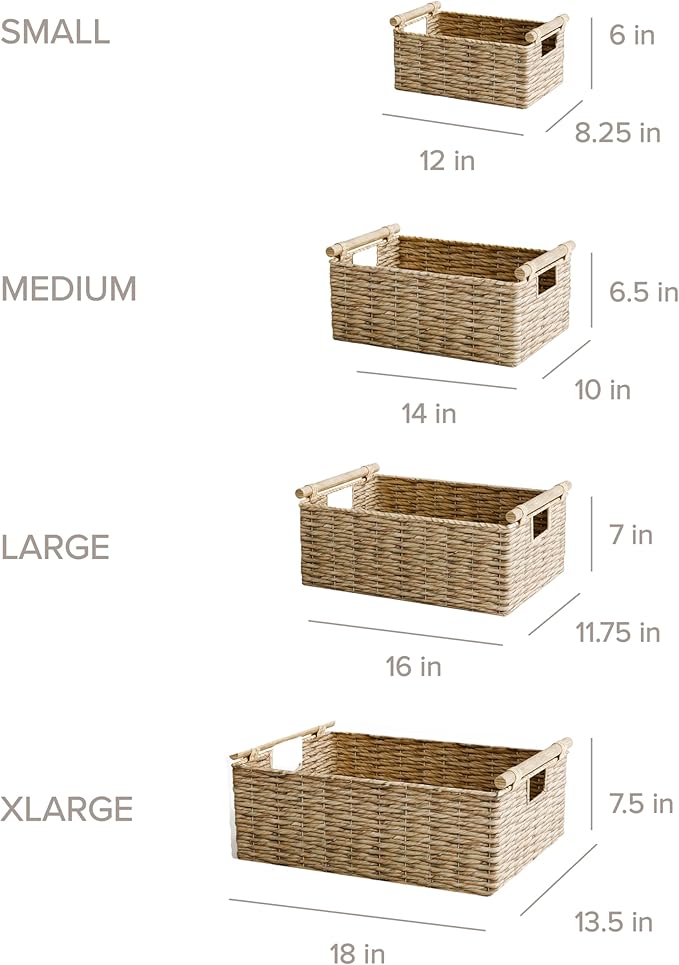 RGI Home Water Hyacinth Storage Baskets - Set of 4 Woven Decorative Baskets, Multi-size Organizers for Household Storage, Home Office, Pantry, Kitchen, Laundry, with Handles & Wood Accents, Natural