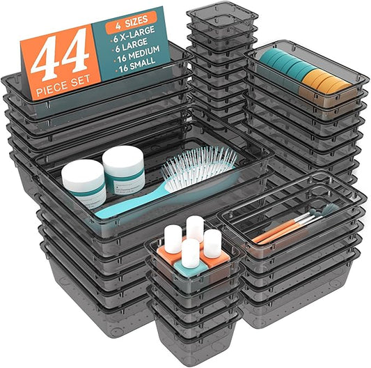 WOWBOX 44 PCS Clear Plastic Drawer Organizer Set, 4 Varied Size storage Bins and Desk Drawer Organizer tool Trays for Makeup, Gadgets, Jewelry and Utensils in Bathroom, Bedroom and Office, Clear Black