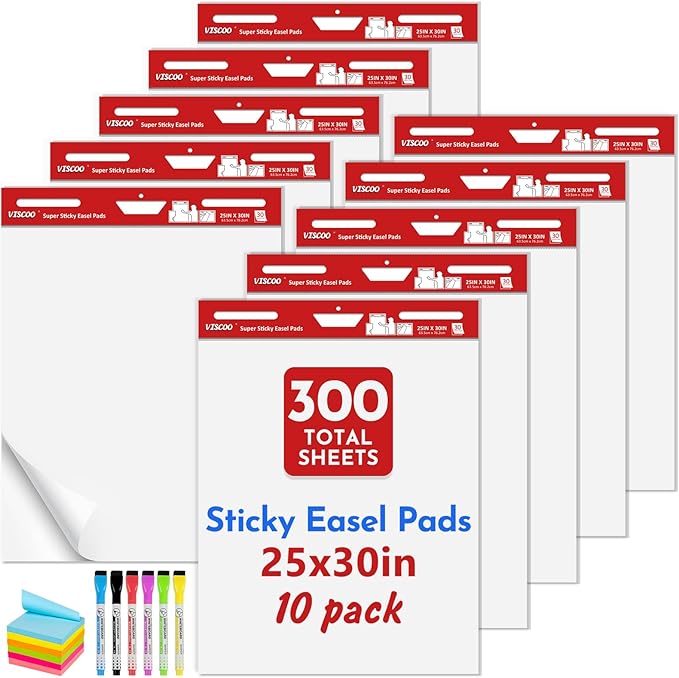 Thickened Sticky Easel Pad, 25 x 30 Inches Large Chart Paper for Teachers, 10 Pads Self Stick Easel Paper for White Board, White Sticky Anchor Chart Paper, with Sticky Note, 300 Sheets/10 Pads