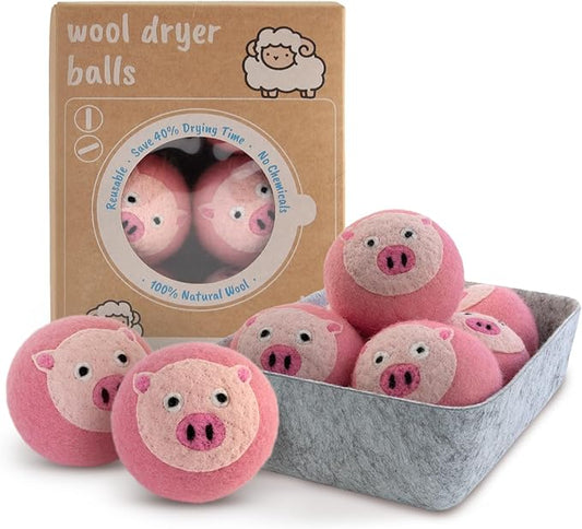 Wool Dryer Balls XL 6-Pack with Felt Box - 100% Pure Wool, Eco-Friendly Fabric Softener, Reduces Wrinkles & Drying Time, Anti-Static, Hypoallergenic, Reusable for 1000+ Loads (Pink Pig)