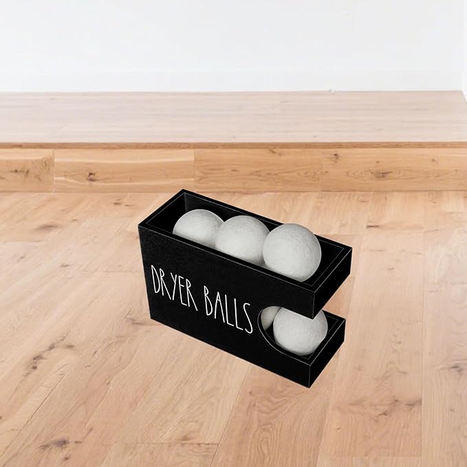 Dryer Ball Holder for Laundry Room, Dryer Balls Container Wall Mount, Wood Dryer Balls Storage Organizer, Wool Dryer Ball Dispenser Basket (Black)
