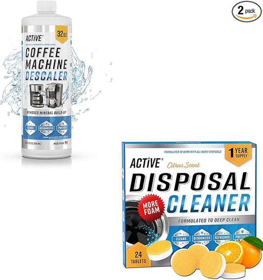 ACTIVE Coffee Machine Descaler and Disposal Cleaner Tablets - Includes 32oz Coffee Maker Cleaner and 24ct Garbage Disposal Tablets