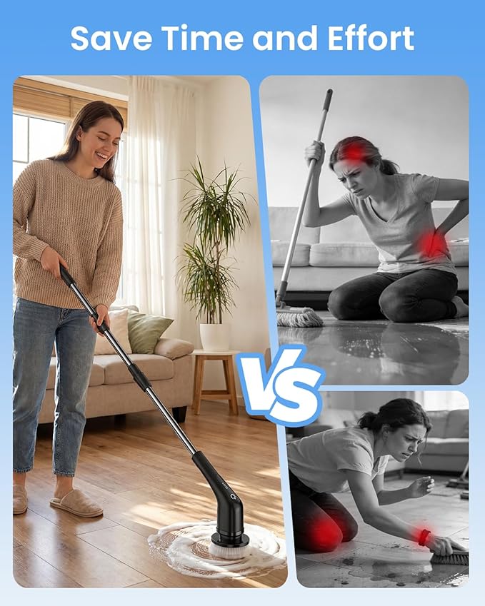 Leebein Electric Spin Scrubber, Cordless Cleaning Brush with 8 Replaceable Brush Heads, Tub and Floor Tile Power Scrubber Dual Speed with Adjustable & Detachable Handle for Bathroom Tub (All Black)