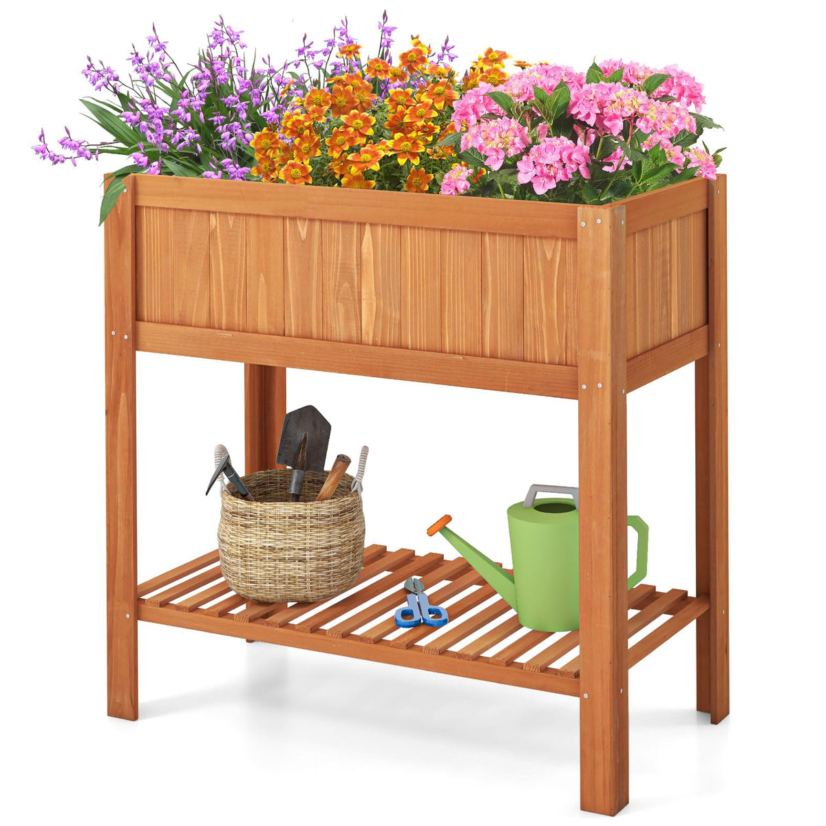 COSTWAY Raised Garden Bed, Wood Planter Box with Storage Shelf - Image 1