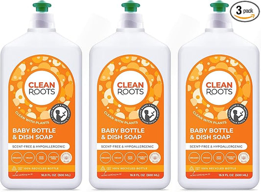 Baby Bottle & Dish Soap – EcoGarantie Certified, 100% Plant-Based Formula, Made with Organic Ingredients, Scent-Free & Hypoallergenic – 16.9 fl oz (500 mL), Pack of 3