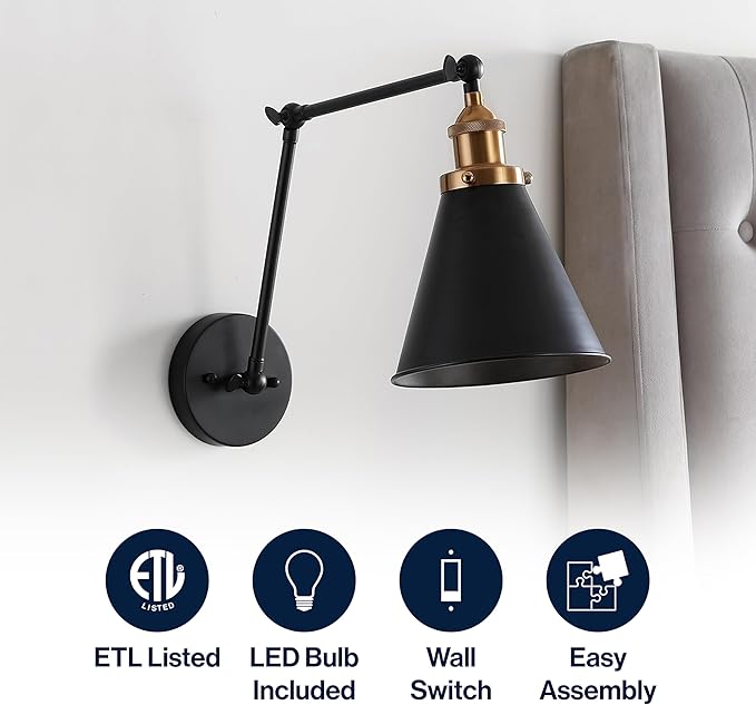 JONATHAN Y JYL7462A Rover 7" Farmhouse Industrial Adjustable Arm Metal LED Wall Sconce Rustic Bohemian 2700K LED 4W Bulb for Entryway Lobby Kitchen Bathroom Bedroom Living Room Hallway, Black
