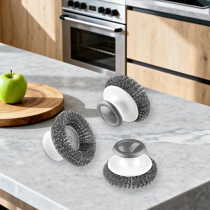 8 Pcs Stainless Steel Scrubber Steel Wool Scrubber Tool Scrubbing Scouring Brush Ball with Handle for Home Kitchen Pots Pans