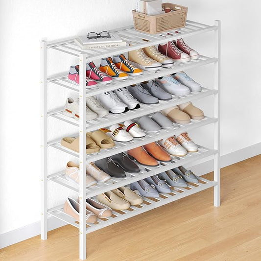 Smiry Bamboo Shoe Rack for Closet, 6 Tier Long Wooden Stackable Shoe Organizer, Free Standing Shoes Storage Shelf for Entryway, Front Door Entrance, White