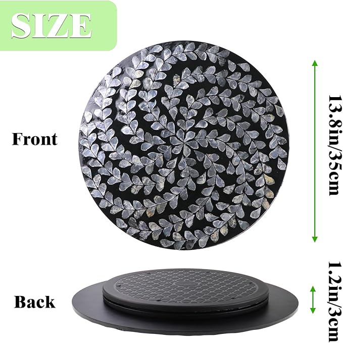 13.8" Mother of Pearl Lazy Susan Turnable Organizer, 360 Degree Round Table Countertop Decorative Spinning Tray for Kitchen Cabinet Counter Spice Pantry Dinner Table (Black Wicker)