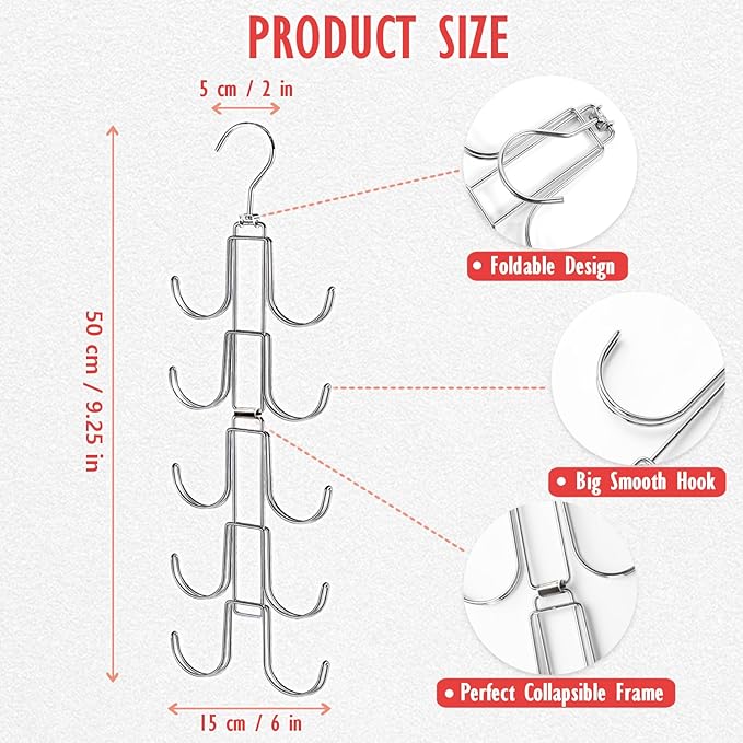 Handbags Purse Organizer for Closet: Bag Rack Hanger with 10 Big Hooks - 360° Rotation Purse Hanger for Display - Collapsible Space Saving for Handbag Belt Scarve Tie - 1 Pack Silver