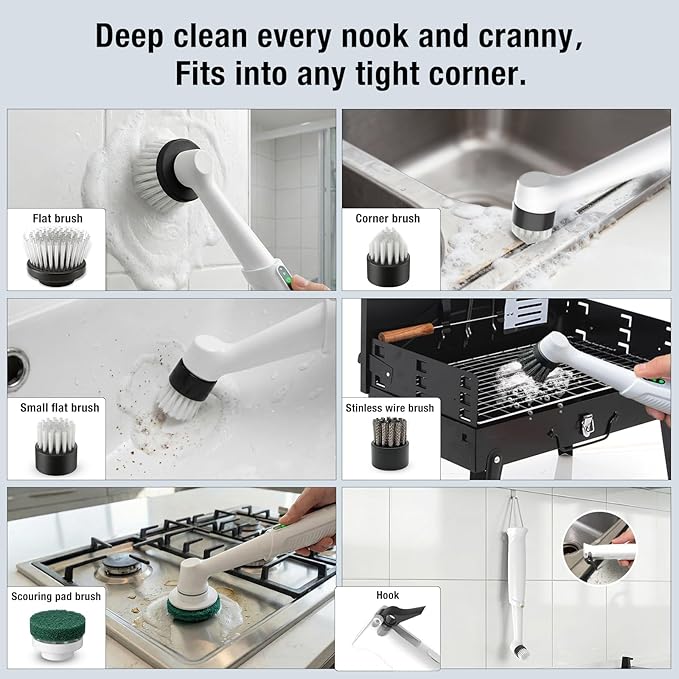 Electric Spin Scrubber Rechargeable Waterproof - 5 Powerful Cleaning Brush Heads for Various Scenarios, Specifically Designed for Tile Grout Lines, Tile Surfaces, Corners, and Crevices
