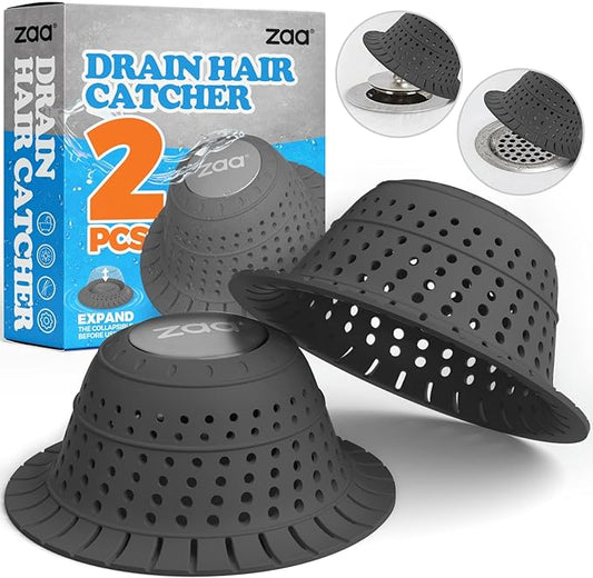zaa Bathtub Drain Hair Catcher, Premium Silicone Collapsible 2 Pack Drain Protector for Pop-Up & Regular Drains of Shower, Bathtub, Tub, Bathroom, Sink, Black Black