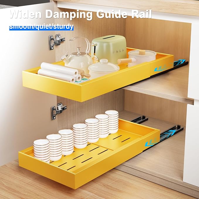 2 Pack Pull Out Cabinet Organizer,21.8" Deep Slide Out Drawer for Cabinets Adhesive Pull Out Drawers Heavy Duty Pull Out Shelves for Kitchen,Cupboard,Pantry,Bathroom-Yellow