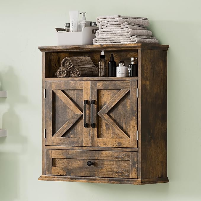 Bathroom Wall Cabinet, Wall Mounted Medicine Cabinet with Drawer, Barn Door & Adjustable Shelf, 24.4"H x 23.6"W x 9"D Rustic Brown Over Toilet Farmhouse Storage Cabinet for Kitchen, Laundry, Entryway