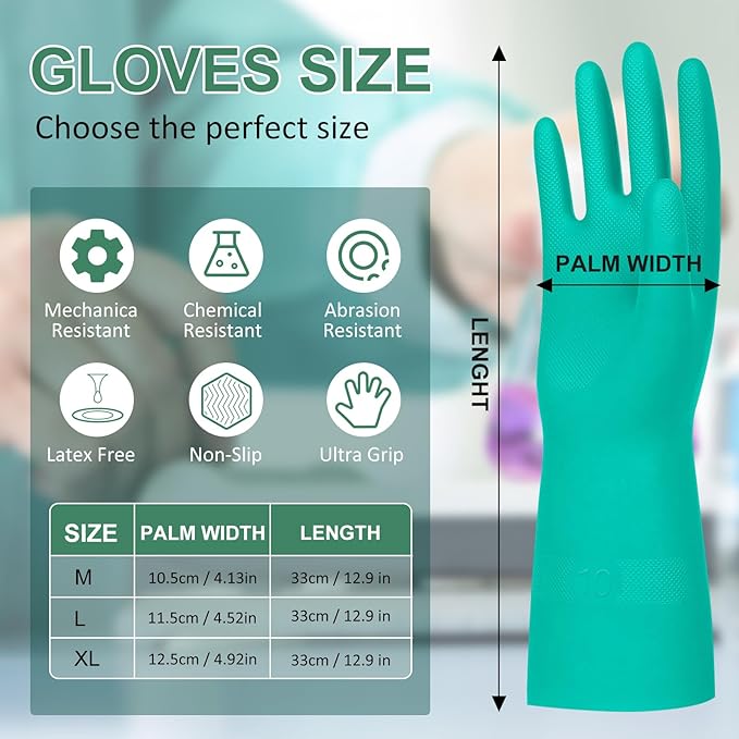 Beieverluck 10 Pairs Chemical Resistant Gloves, Reusable Heavy Duty Rubber Work Gloves, 12.6" Long Nitrile Gloves for Acid Alkali Oil Protection and Industrial Use Household, X-Large