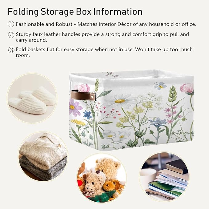 xigua Storage Basket Elegant Wildflowers Storage Bin with Handle, Large Storage Cube Collapsible for Shelves Closet Bedroom Living Room 2PCS