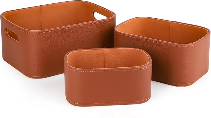 Faux Leather Storage Baskets — Set of 3, Brown
