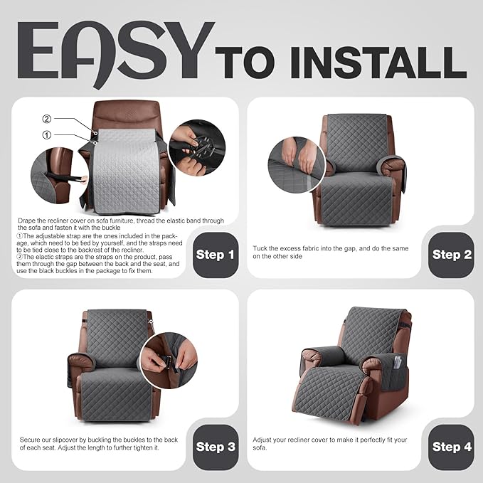 KinCam 100% Waterproof Recliner Chair Cover, Reclining Couch Covers for Pets, Dogs, Recliner Couch Slipcover Furniture Protector with Elastic Straps for Kids(23.6", Charcoal Gray)