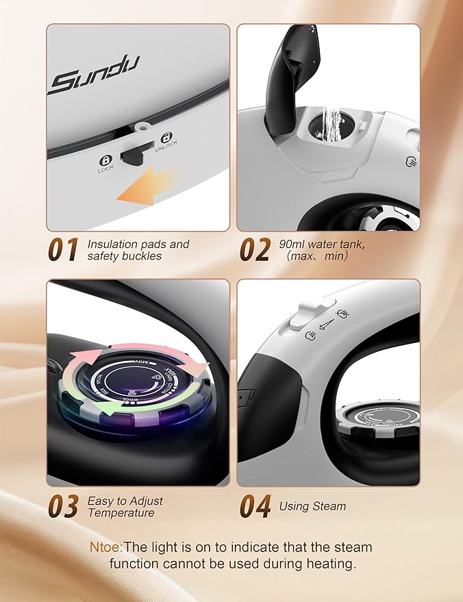 Sundu Mini Travel Iron with Steam,1000W Portable Non-Stick Soleplate Steam Small Iron for Quilting & Sewing,300 Microsteam Holes,90ml Water Tank,Lockable Safety Base,Digital Temperature Control