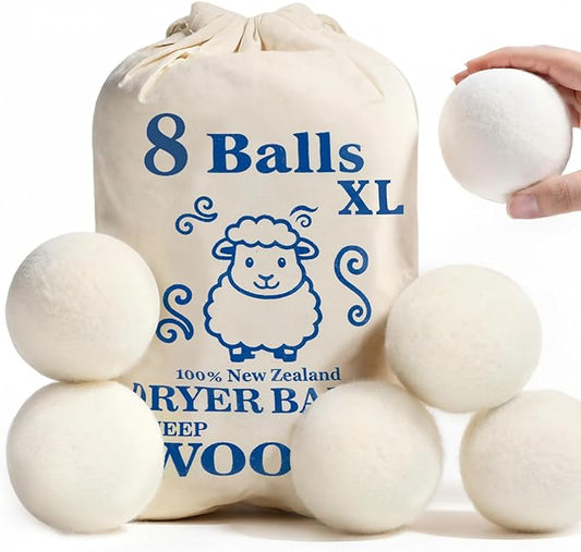 Wool Dryer Balls, New Zealand Dryer Balls Laundry Reusable Reduce Static Cling, Dryer Ball to Reduce Wrinkles & Shorten Drying Time, Drying Balls Fabric Softener Ball for Laundry（Pack of 8 XL)