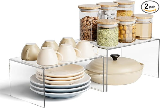 Clear Acrylic Kitchen Cabinet Risers Set of 2 - Anti-Slip Stackable Shelf Organizers, Space Saving Shelves for Counter Display & Spice Organization