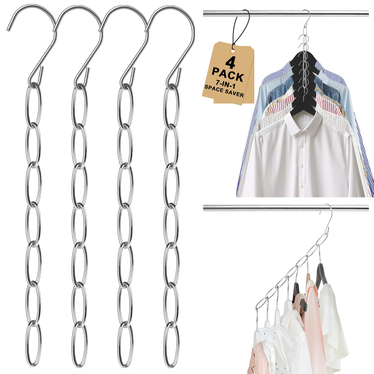 Space Saving Hangers, 4 Pack Metal 7-Loop Clothing Chain Hanger - Image 1