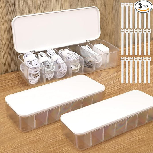 Cable Organizer Box with Lid, 3 Pcs Cable Cord Storage Organizer Box with 21 Wire Ties 54 Cable Labels, 7 Compartments Charger Organizer for Office Drawer Desk Accessories Case