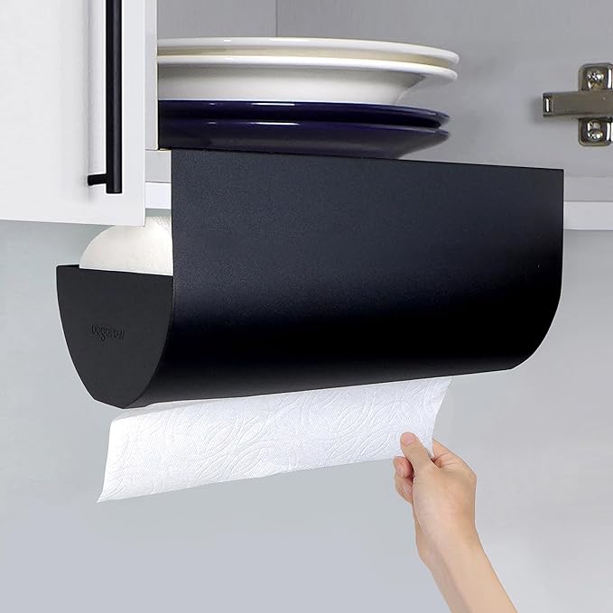 Paper Towel Holder - Under Cabinet, No-Drill Self-Adhesive Hanging Rack, Easy Tear, Space-Saving Sleek Metal Kitchen Roll Dispenser, Wall-Mount Look, Kitchen Storage & Organization - Black