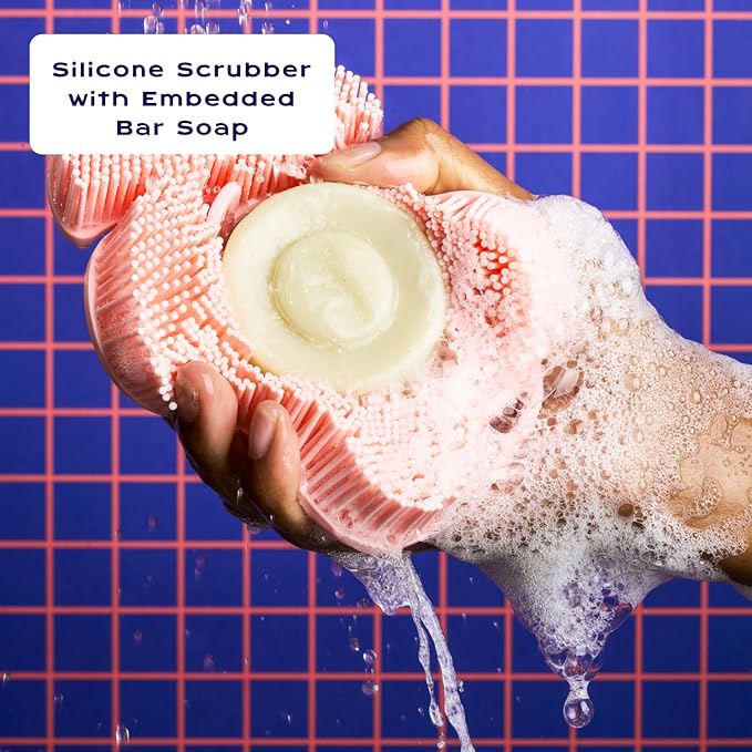 Smoosh® Body Scrubber, Blue & 2-Count Bar Soap, Cedarwood Bergamot - Silicone Body Scrubber with Embedded Bar Soap for Shower Exfoliation and Cleansing