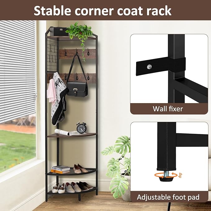 Corner Coat Rack, Hall Tree with Bench and Shoe Storage, Wood Entryway Organizer with 14 Metal Hooks, Freestanding Corner Shelves for Entryway, Hallway