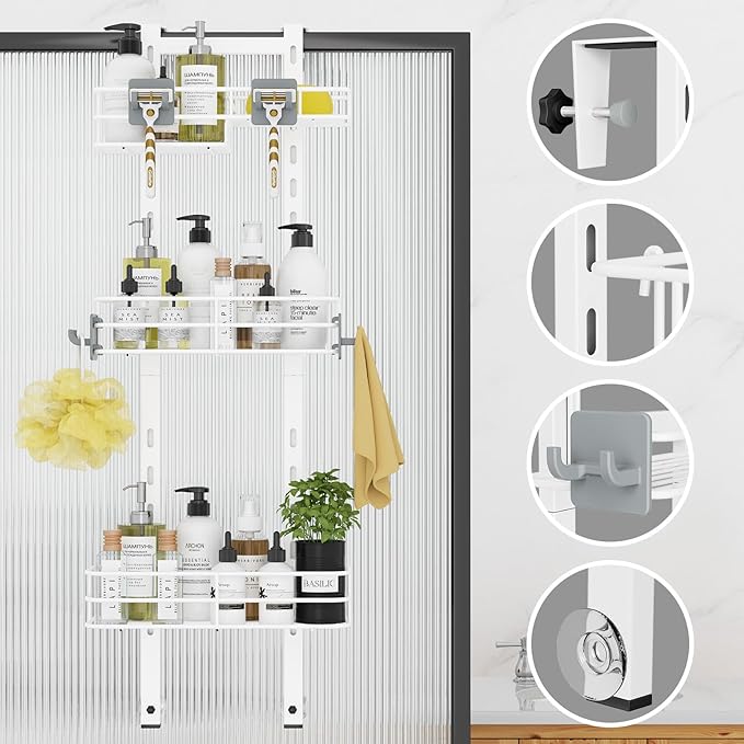 ODesign Over The Door Shower Caddy, 3-Tier Adjustable Hanging Shower Caddy with Soap Holder & 4 Hooks, Rustproof Bathroom Shower Organizer with Suction Cup, Shower Rack for Shampoo Razor - White