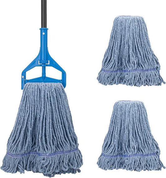 Commercial Industrial Mop with 3 Extra Large Reusable Replacement Head,59" Long Handle Heavy Duty Wet Mops,Looped-End String Cotton Mop for Floor Cleaning,House,Kitchen,Office,Garage,Tile(Blue)