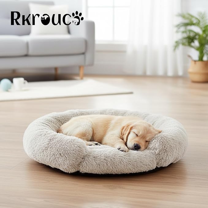 Fluffy Dog Bed Calming Donut Beds for Large Dogs Warming Round Small Medium Pet Nest Cozy Cat Mattress Indoor Washable Puppy Kennel Kittens Sleep Mat (S, 23.6×23.6 inch, Gradient Coffee)