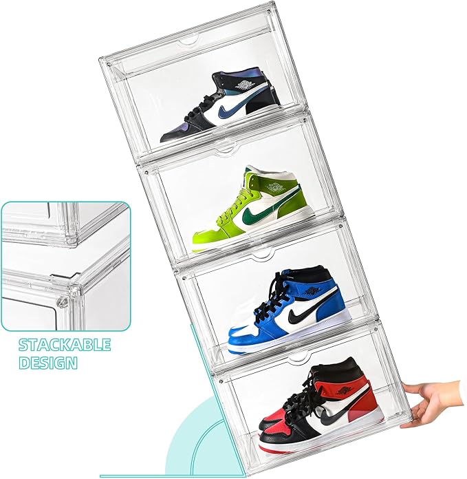 Clear Shoe Organizer,Stackable Shoe Display Case,Shoe Box Storage Bins with Magnetic Door,Fit Shoe Size Up to US 14 (X-Large-2Pack)
