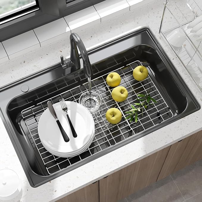 Stainless Steel Sink Protector 28-3/4" x 15-3/4" with Rear Drain, Metal Sink Rack for Bottom of Sink, Kitchen Sink Grate and Sink Protectors with Sink Strainer (28-3/4" x 15-3/4" - Rear Drain)