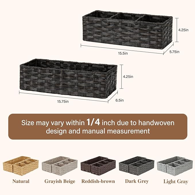 Bidtakay Long Narrow Wicker Baskets Toilet Paper Basket for Shelves 2-Pack Waterproof Imitation Small Wicker Storage Bins for Washroom Closet Blackish-tan