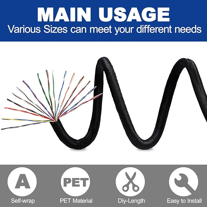Split-Sleeve Wire Loom for High-Temperature Automotive Harness and Home Cable Management, 25ft - 1.25 inch Braided Cable Management Sleeve Cord Protector, Self-Wrapping Split Wire Loom