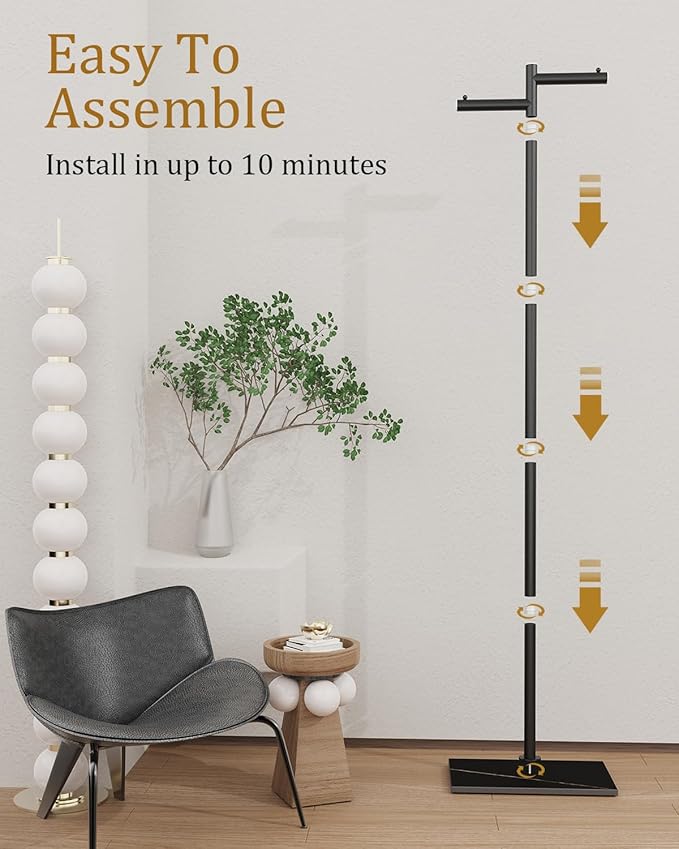 Free-standing Metal Coat Racks, Modern Garment Rack, Z-shaped Coat Tree with Natural Rock Base, for Bedroom, Office, Hallway, Entryway, Living Room, 175cm, Blackness