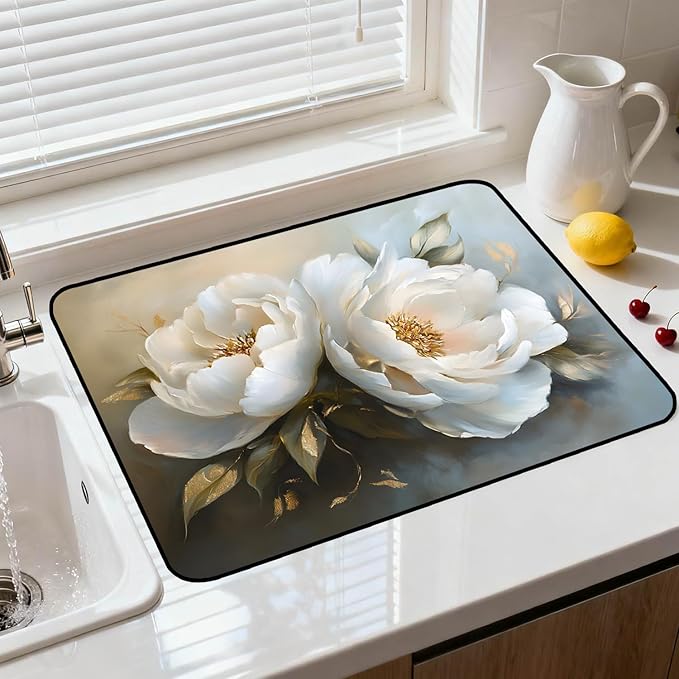 Glass Stove Top Covers for Electric Stove, Heat Resistant Counter Protector Mat, Non Slip Waterproof Surface Cover for Kitchen Counter and Cooktop (White Peony, 28"L x 20"W)