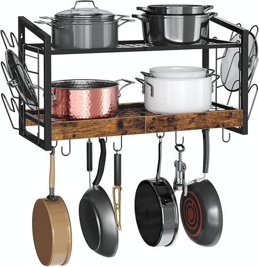 Hanging Pot Rack, Pot Rack Wall Mounted, 2-Tier Kitchen Pot and Lid Organizer, Wall-Mounted Pot Rack with 12 Hooks, for Kitchen Storage of Pots, Pans, Utensils, Rustic Brown TPR02BF