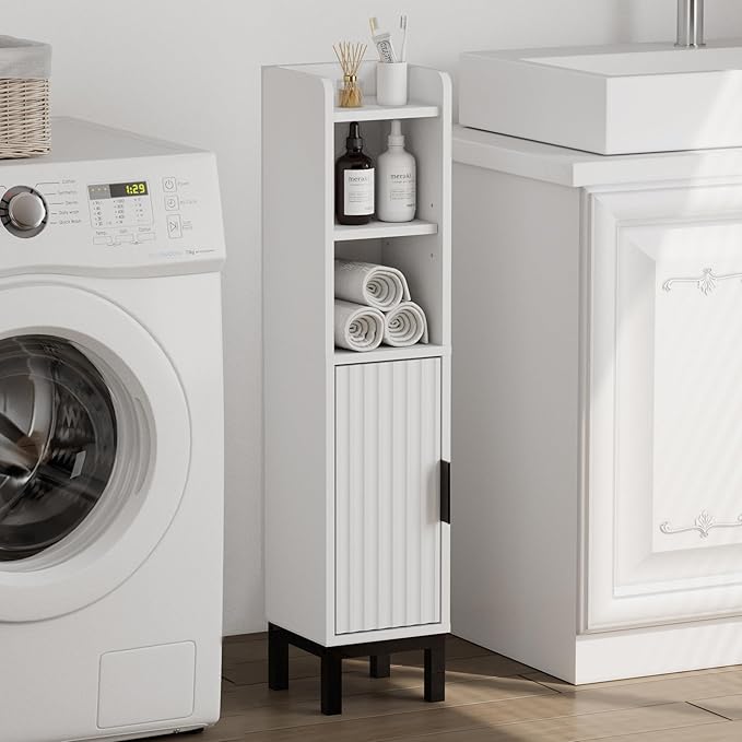 Small Bathroom Storage Cabinet, Narrow Corner Floor Cabinet with Door and Shelves for Toilet Paper, Bathroom Organizer with Adjustable Shelf, for Small Spaces (White)
