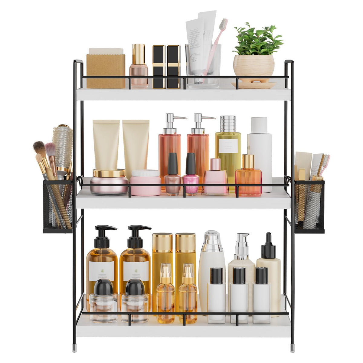 Wood Bathroom Counter Organizer with Metal Frame for Vanity - Image 1
