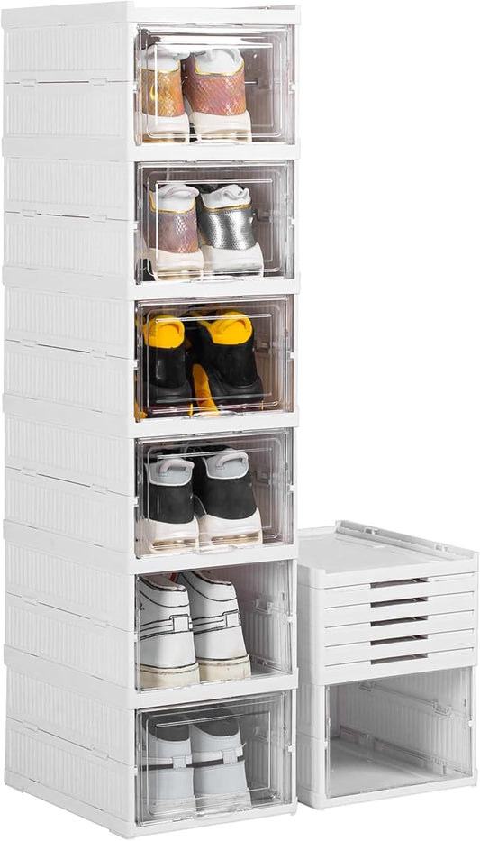 Shoe Storage Box, No-Assembly 6 Tiers Foldable Shoe Organizer with Clear Door, Space-saving Shoe Rack，Sturdy Clear Plastic Stackable Sneaker Container