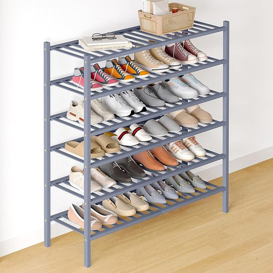 Smiry Bamboo Shoe Rack for Closet, 6 Tier Long Wooden Stackable Shoe Organizer, Free Standing Shoes Storage Shelf for Entryway, Front Door Entrance, Grey